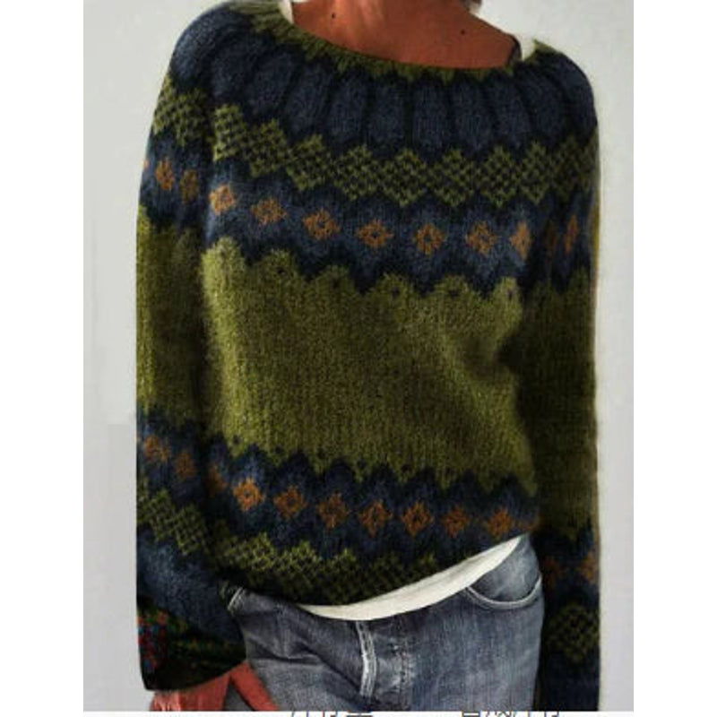 Woman in a green Fair Isle crew neck sweater