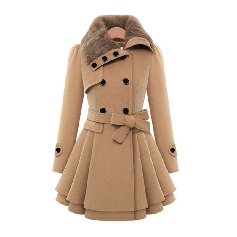 Women's Flared Winter Coat with Faux Fur Collar and Belt in Khaki