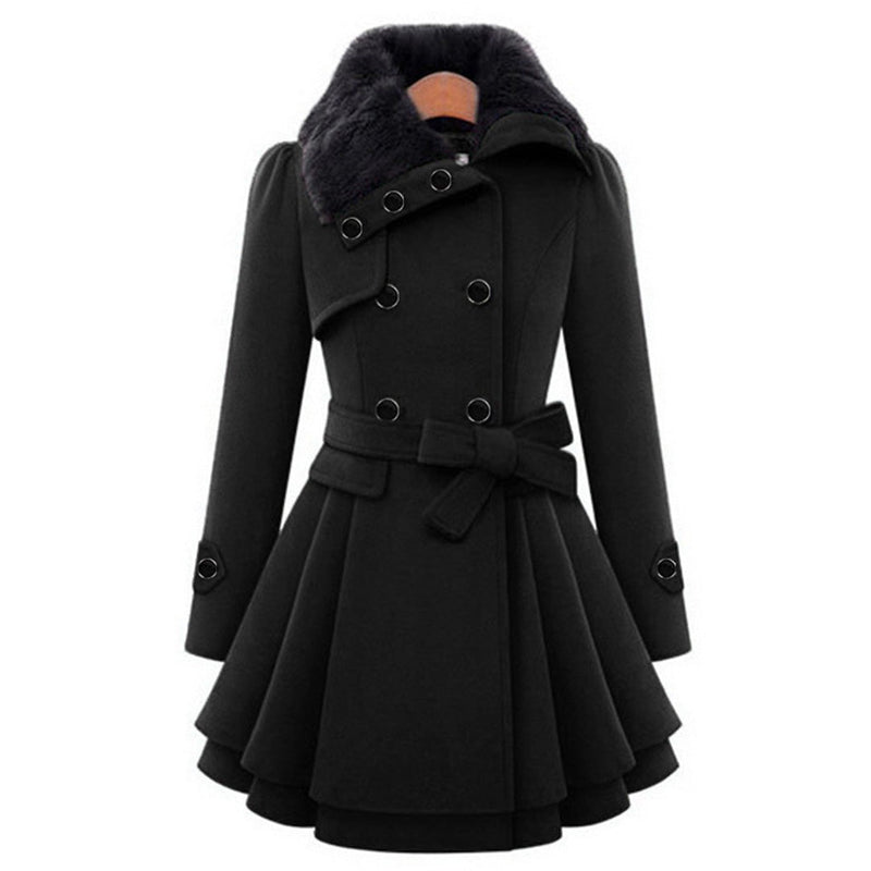 Women's Flared Winter Coat with Faux Fur Collar and Belt in Black