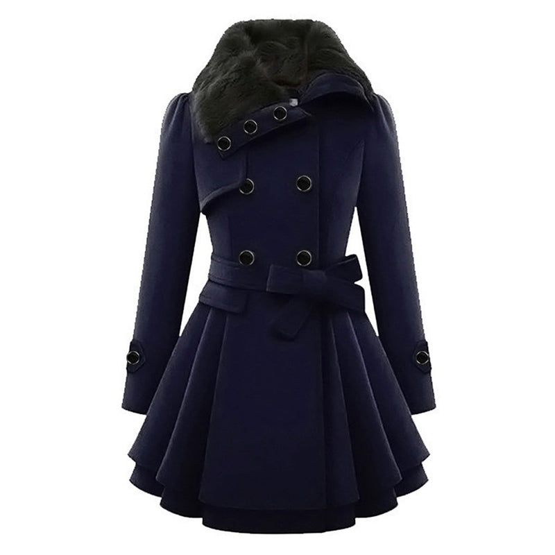 Women's Flared Winter Coat with Faux Fur Collar and Belt in Blue