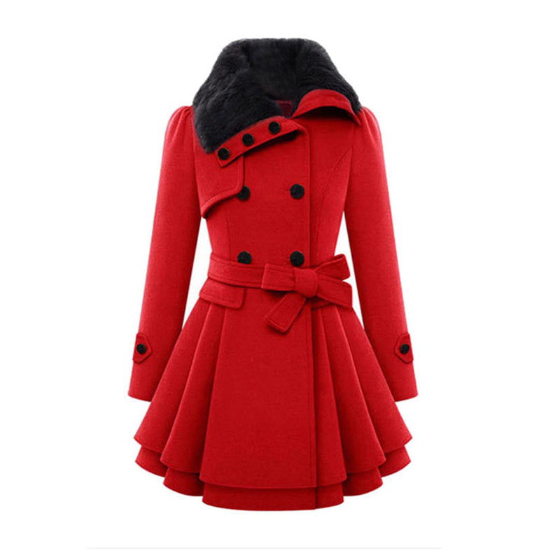 Women's Flared Winter Coat with Faux Fur Collar and Belt in Red