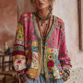 Women's Floral Patchwork Knit Cardigan in Pink