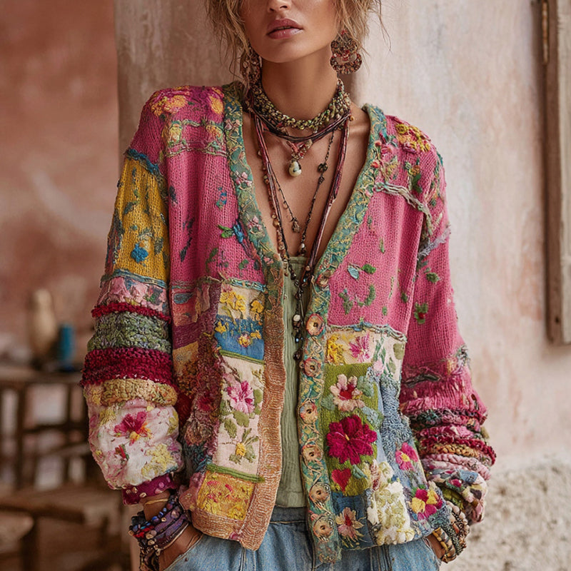 Women's Floral Patchwork Knit Cardigan in Pink