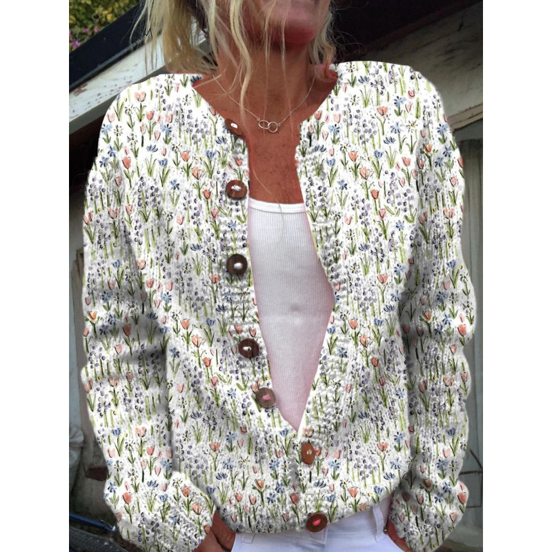 Women's Floral Print Knit Cardigan in White