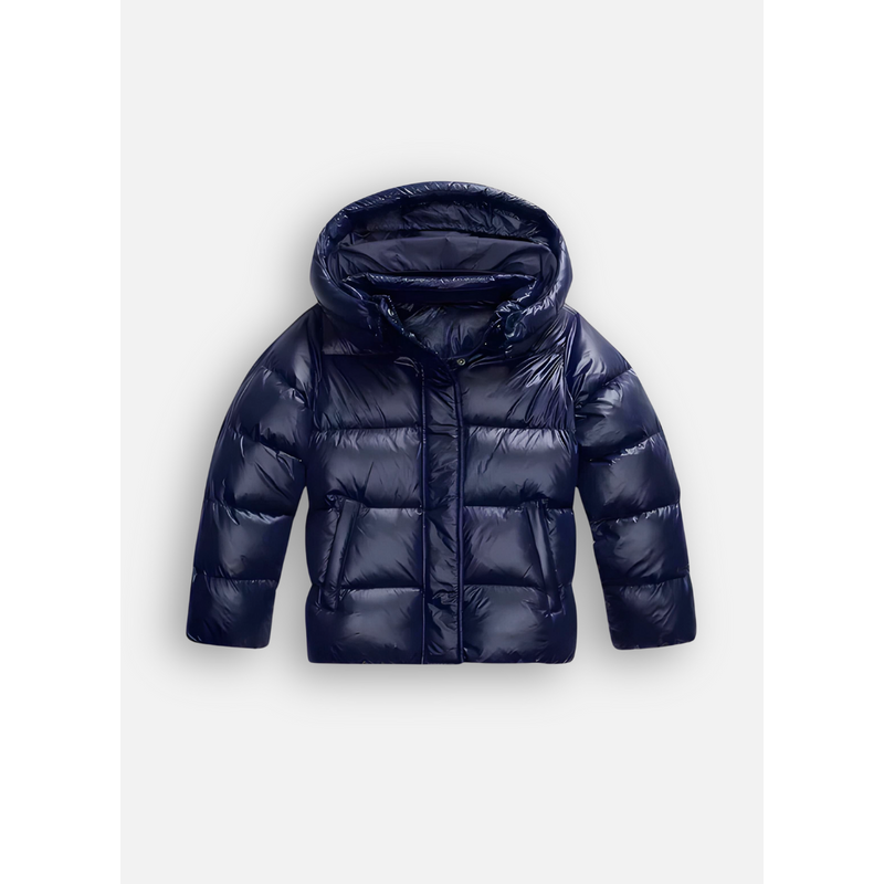 Women's Glossy Hooded Puffer Jacket in Blue