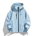Light blue women's hooded outdoor jacket, front view