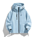 Light blue women's hooded outdoor jacket, front view