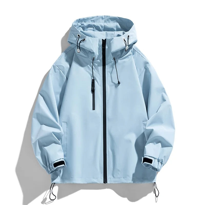 Light blue women's hooded outdoor jacket, front view