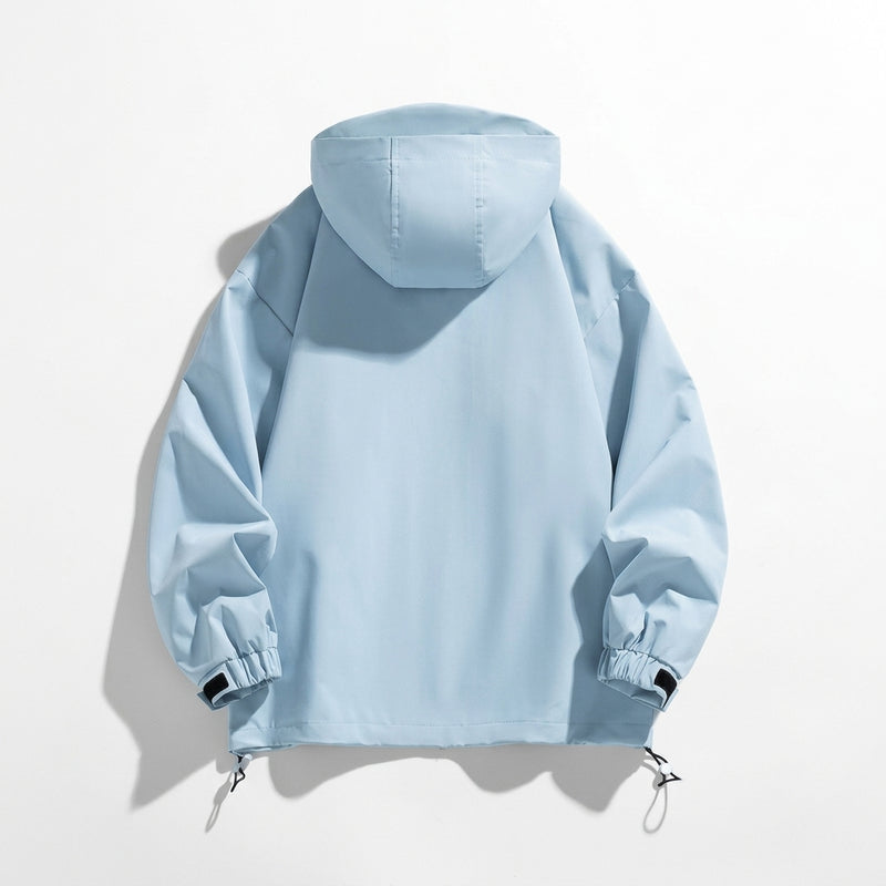 Light blue women's hooded outdoor jacket, back view