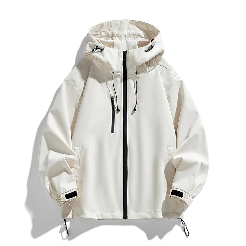 Off white women's hooded outdoor jacket, front view