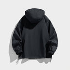 Black women's hooded outdoor jacket, back view