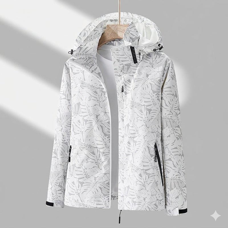 Women's hooded outdoor jacket in light gray – front view