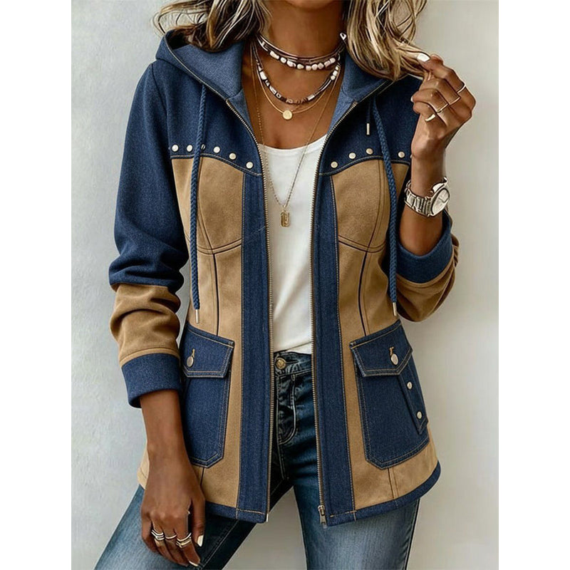 Women's Hooded Two-Tone Jacket with Stud Details in Navy and Camel