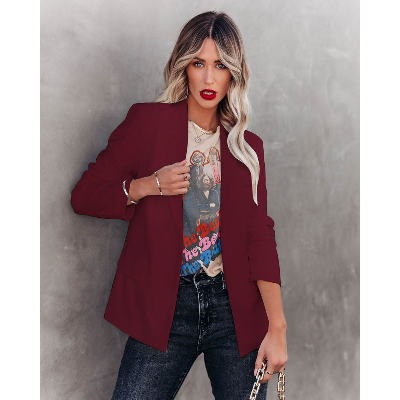 Women's Lapel Blazer with Button Front in Dark Red