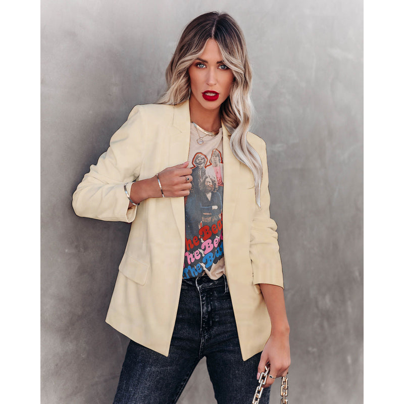 Women's Lapel Blazer with Button Front in Beige