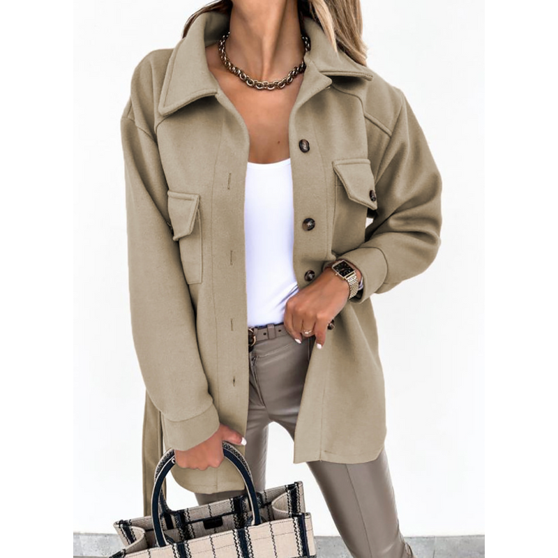 Women's Lightweight Spring Jacket with Collar and Chest Pockets in Khaki