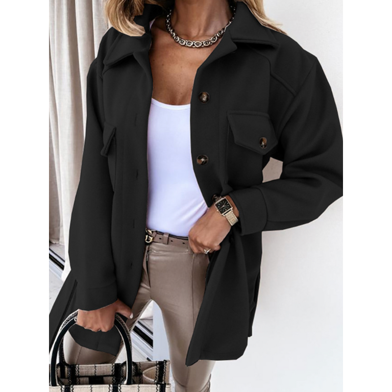 Women's Lightweight Spring Jacket with Collar and Chest Pockets in Black