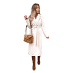 Women's long belted coat with lapel collar in white – front view