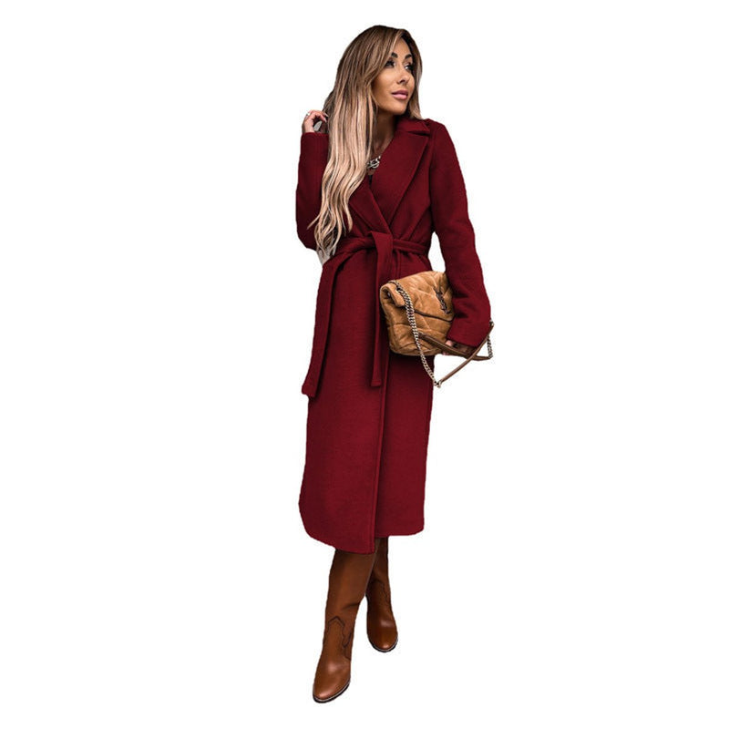 Women's long belted coat with lapel collar – styled view 4