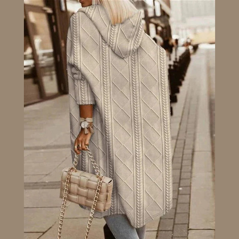 Women's Long Cable Knit Hooded Cardigan for Autumn Winter