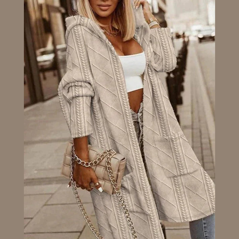 Women's long cable knit hooded cardigan in beige – front view