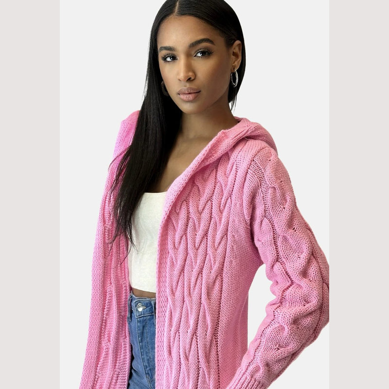 Women's long cable knit hooded cardigan – styled view 4