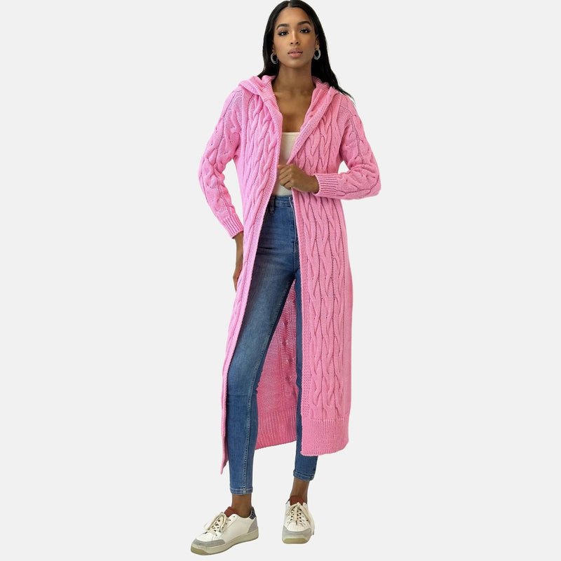 Women's long cable knit hooded cardigan – styled view 6