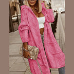 Women's long cable knit hooded cardigan in pink – front view