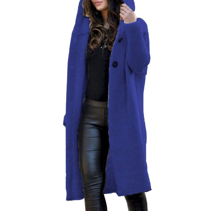 Women's long chunky knit hooded cardigan – styled view 1