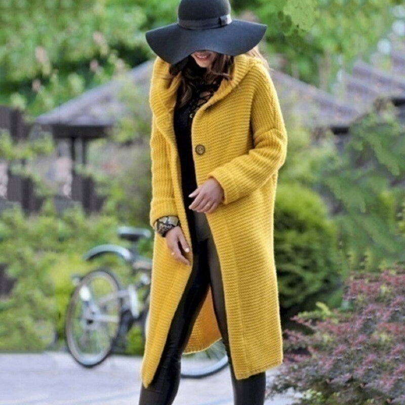 Women's long chunky knit hooded cardigan in yellow – front view