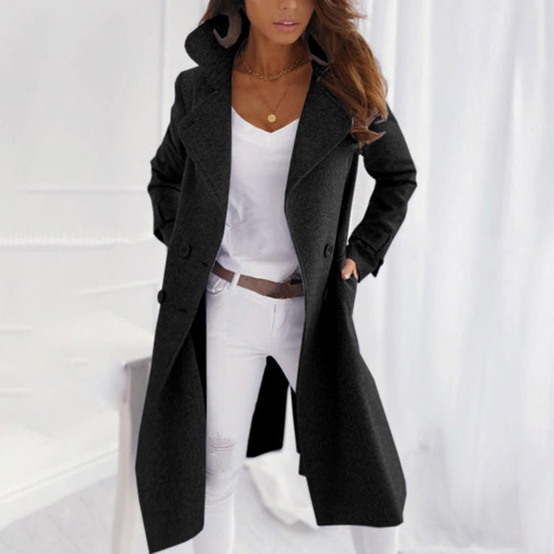 Women's Long Coat with Wide Collar in Black