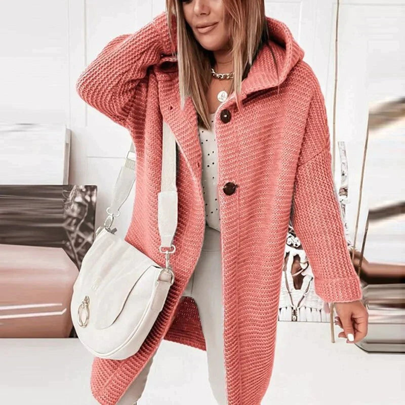Women's long hooded knit cardigan – styled view 1