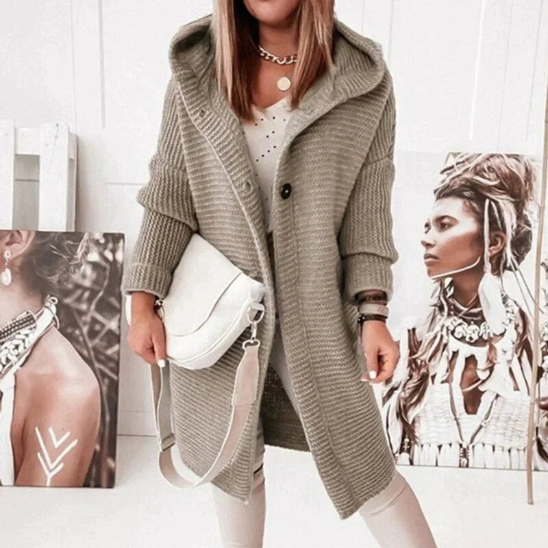 Women's long hooded knit cardigan in beige – front view