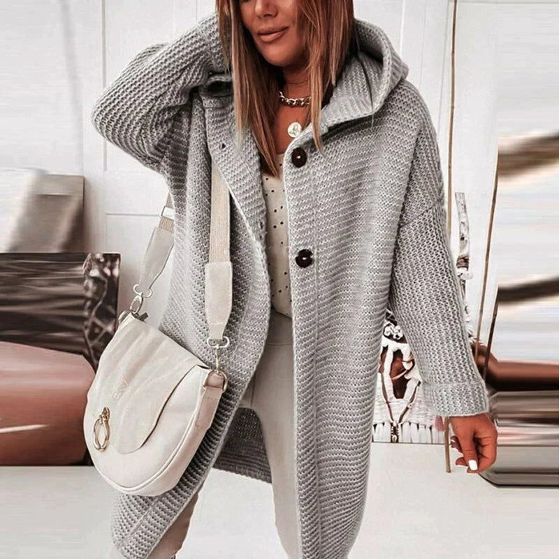 Women's long hooded knit cardigan in gray – front view