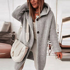 Women's long hooded knit cardigan in gray – front view