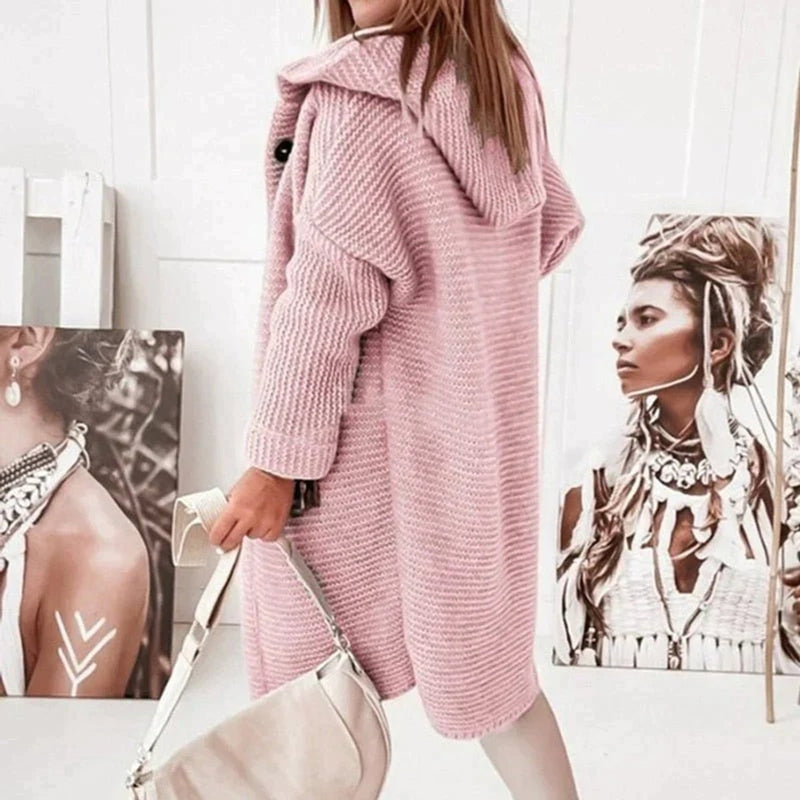 Women's long hooded knit cardigan – styled view 3