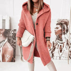Women's long hooded knit cardigan in coral – front view