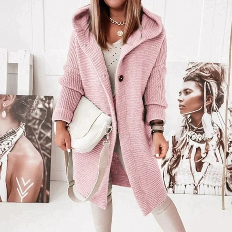 Women's long hooded knit cardigan in pink – front view