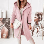 Women's long hooded knit cardigan in pink – front view