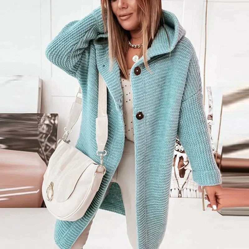 Women's long hooded knit cardigan in light blue – front view