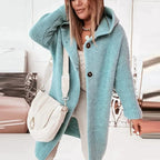 Women's long hooded knit cardigan in light blue – front view
