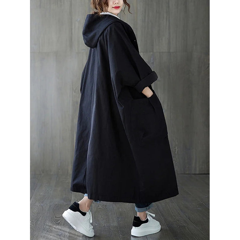 Women's Long Hooded Rain Coat with Large Pockets in Black