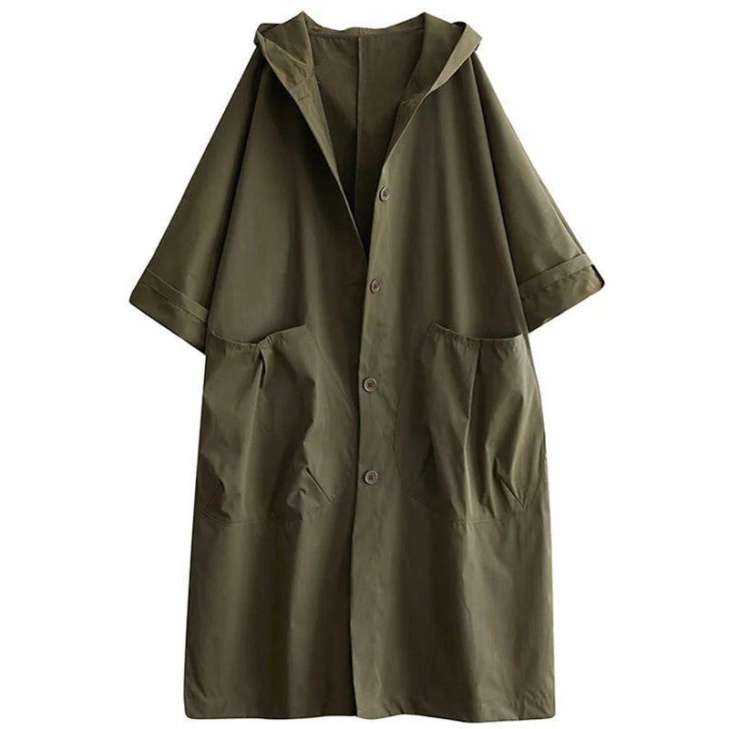 Women's Long Hooded Rain Coat with Large Pockets in Green