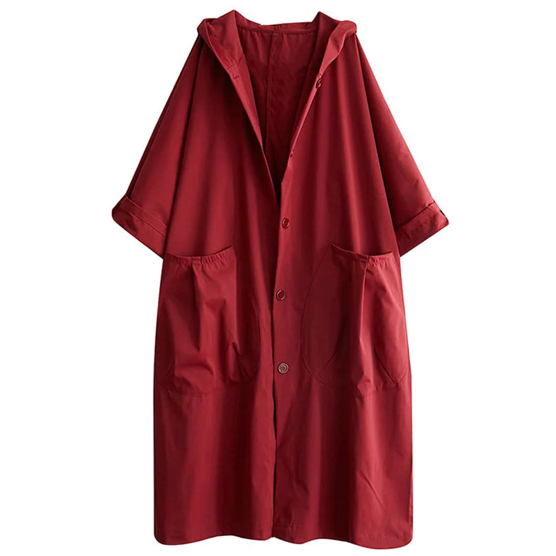 Women's Long Hooded Rain Coat with Large Pockets in Red