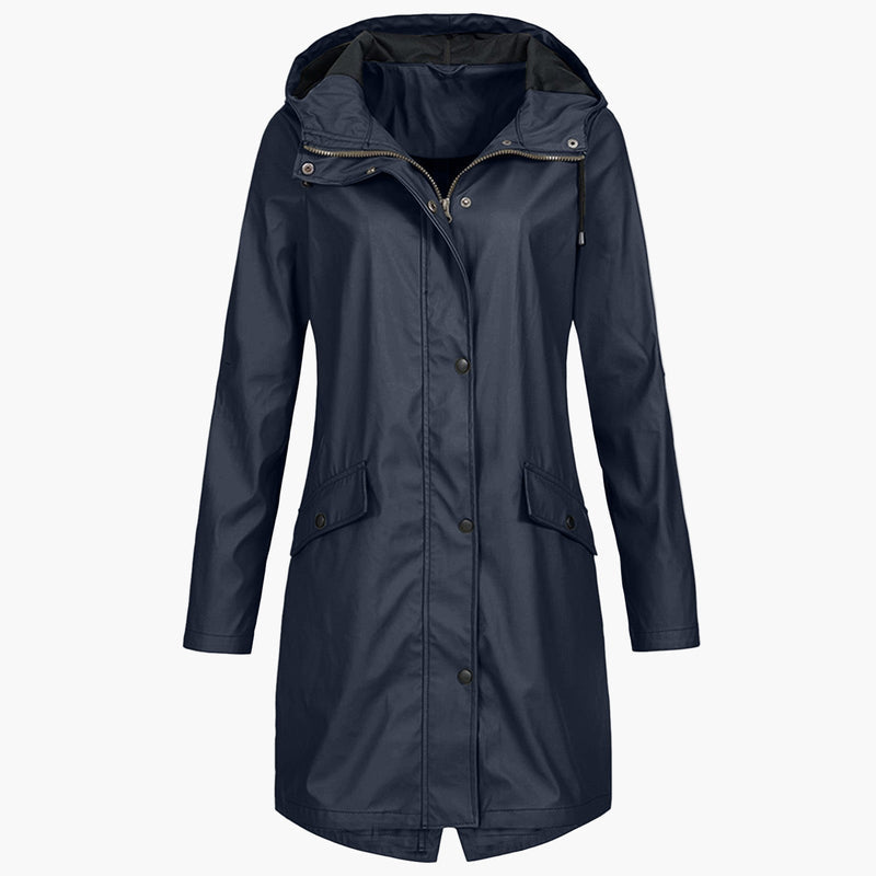 Women's Long Hooded Rain Jacket with Drawstring Waist in Navy Blue
