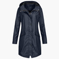 Women's Long Hooded Rain Jacket with Drawstring Waist in Navy Blue