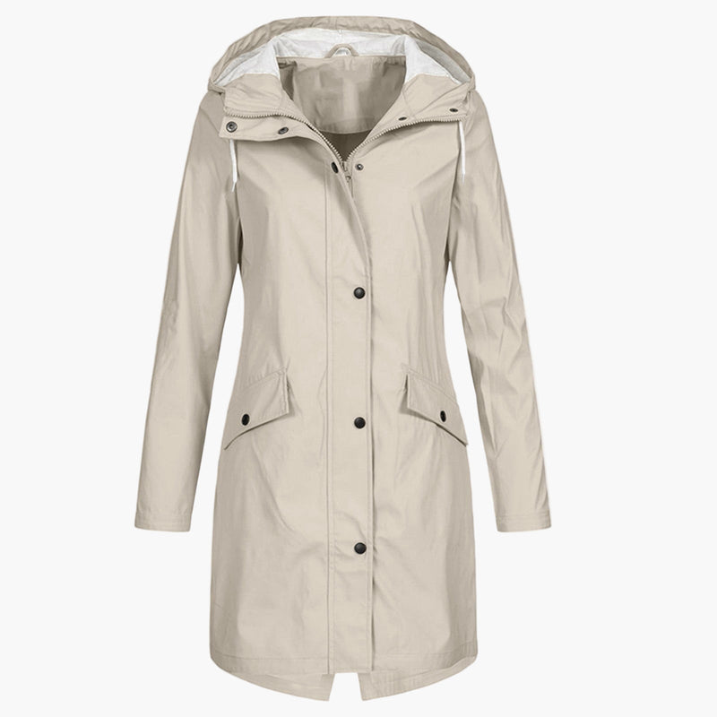 Women's Long Hooded Rain Jacket with Drawstring Waist in Beige