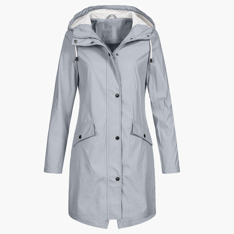 Women's Long Hooded Rain Jacket with Drawstring Waist in Gray
