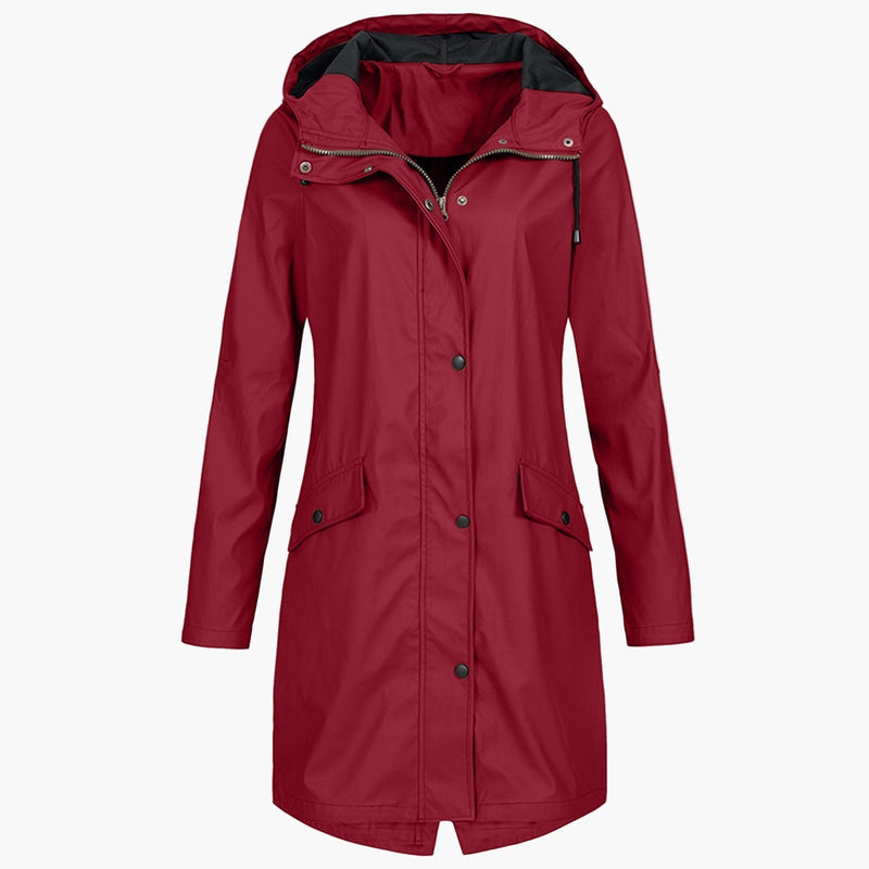 Women's Long Hooded Rain Jacket with Drawstring Waist in Red