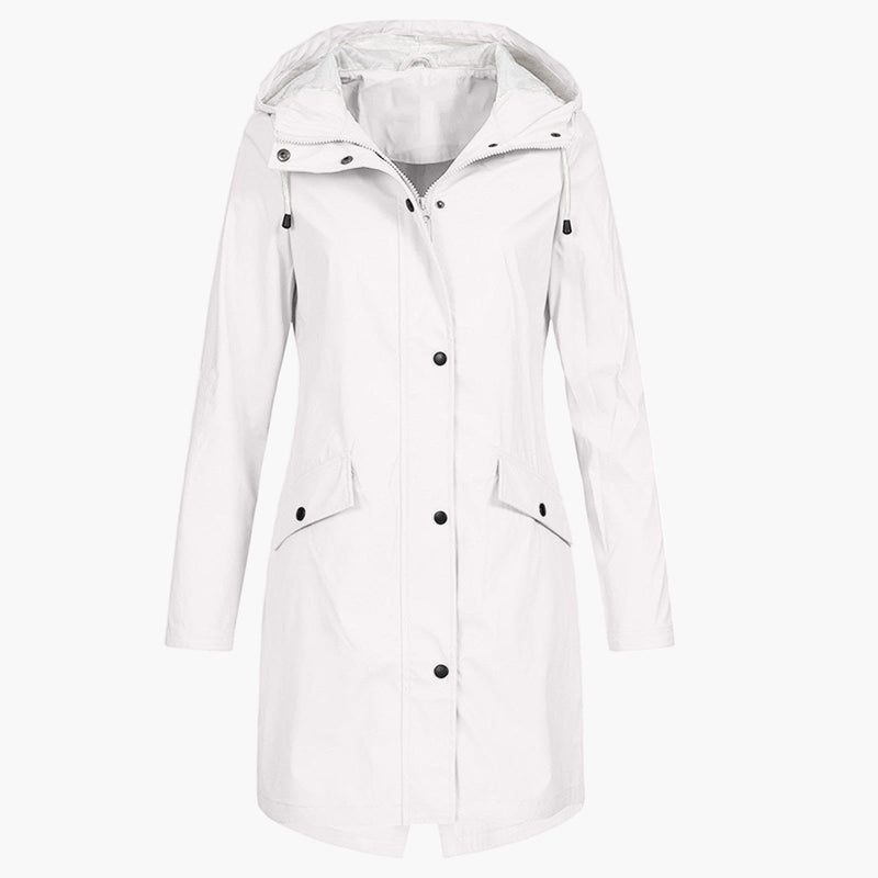 Women's Long Hooded Rain Jacket with Drawstring Waist in White